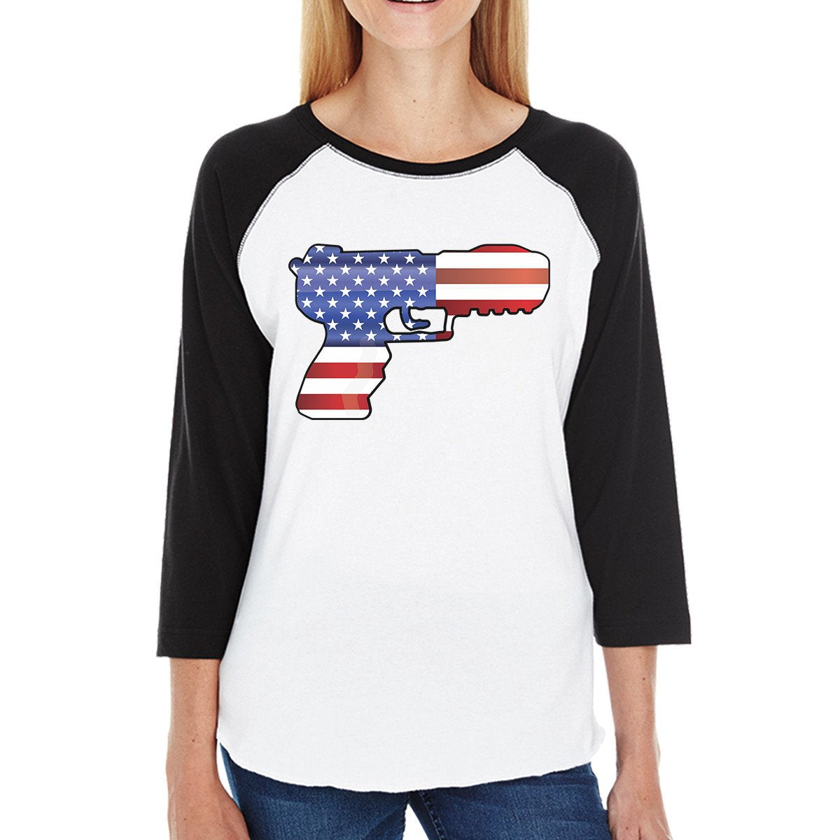 Pistol Shape American Flag Womens Raglan Shirt For Independence Day