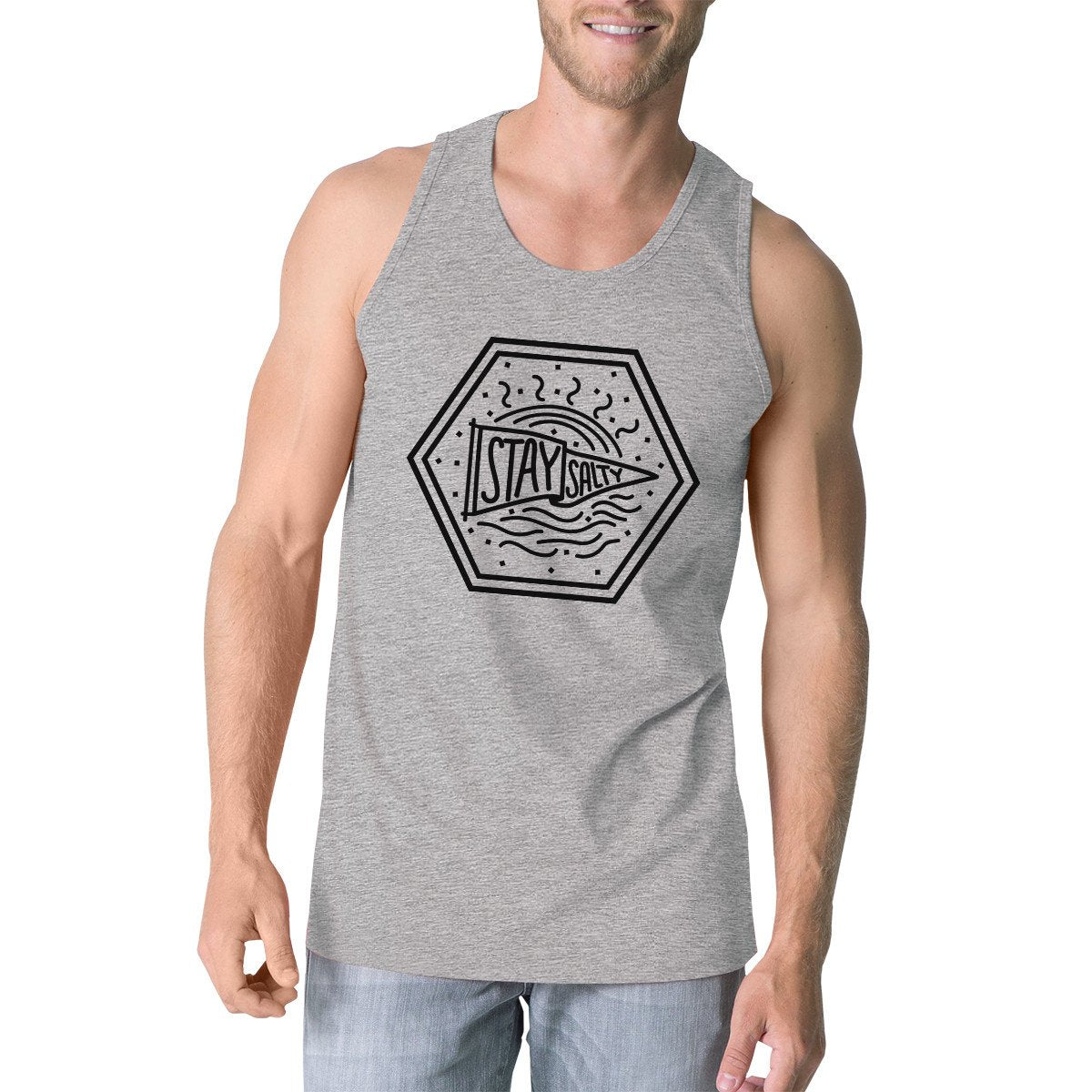 Stay Salty Mens Grey Sleeveless Shirt Round Neck Line Graphic Tanks