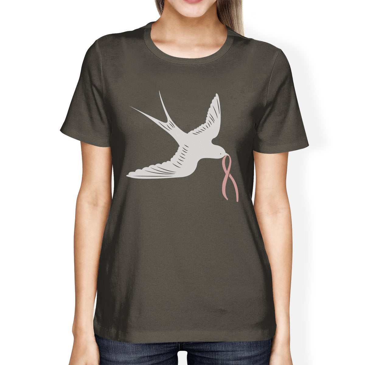 Pink Ribbon And Swallows Birds Womens Shirt