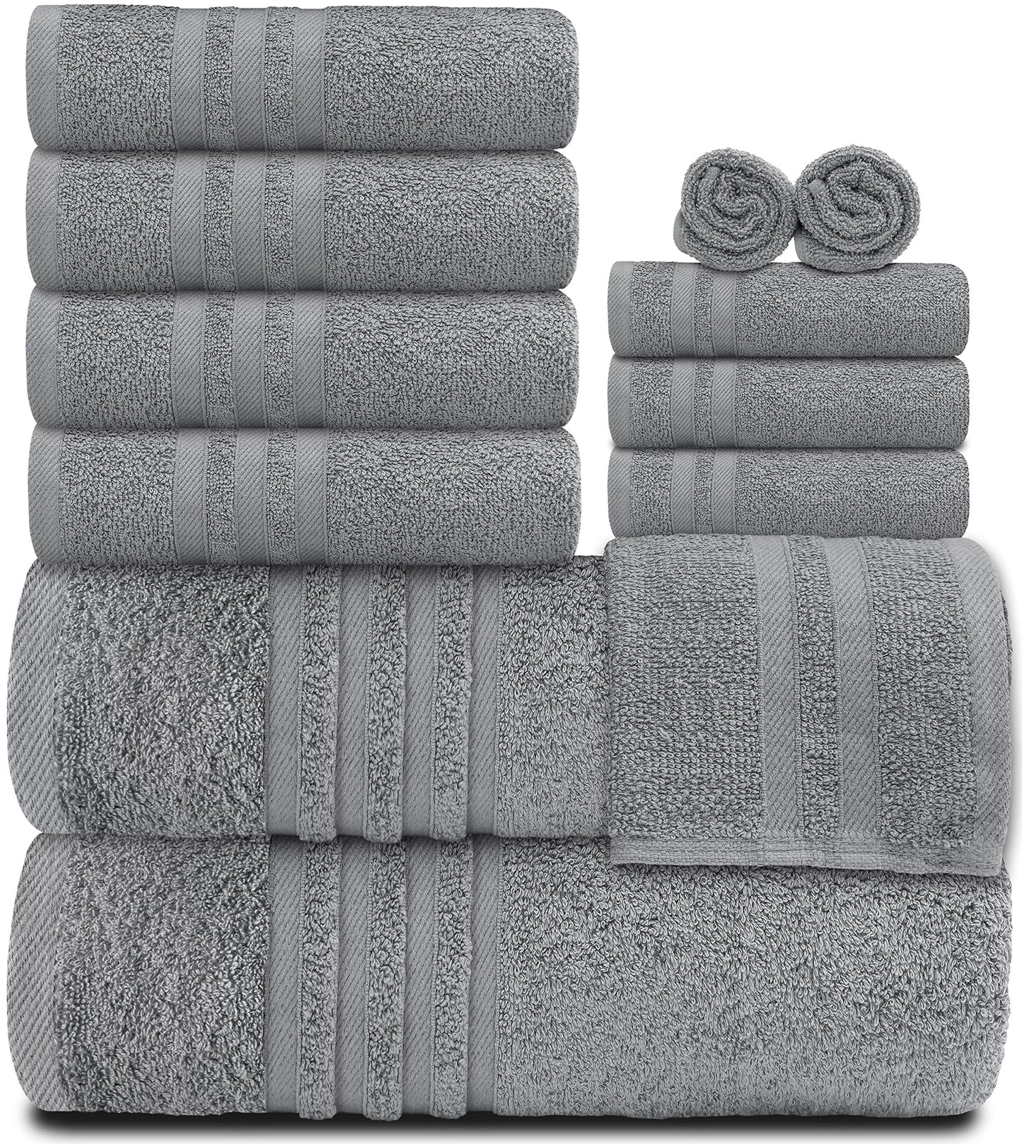 12 Piece Bath Towel Set for Bathroom   Wealuxe Collection 2 Bath Towels 4 Hand Towels 6 Washcloths 100% Cotton Soft and Plush Highly Absorbent Soft Towel for Hotel & Spa   Light Gray