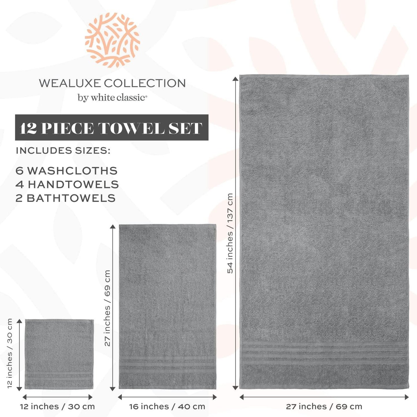 12 Piece Bath Towel Set for Bathroom   Wealuxe Collection 2 Bath Towels 4 Hand Towels 6 Washcloths 100% Cotton Soft and Plush Highly Absorbent Soft Towel for Hotel & Spa   Light Gray