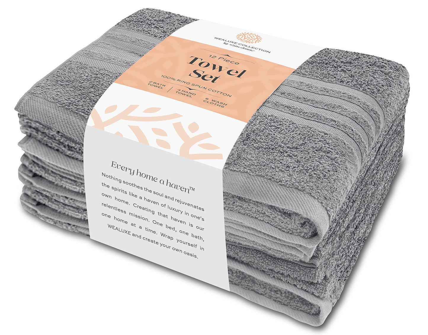 12 Piece Bath Towel Set for Bathroom   Wealuxe Collection 2 Bath Towels 4 Hand Towels 6 Washcloths 100% Cotton Soft and Plush Highly Absorbent Soft Towel for Hotel & Spa   Light Gray