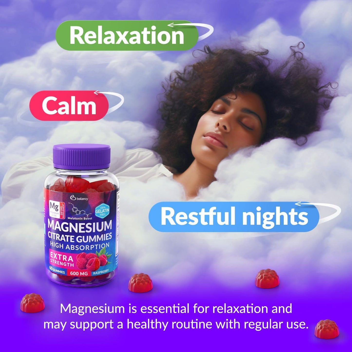 400mg Magnesium Citrate Gummies for Relaxation Sleep and Body Support Blackcurrant Oil Non GMO Sugar Free 60 Days
