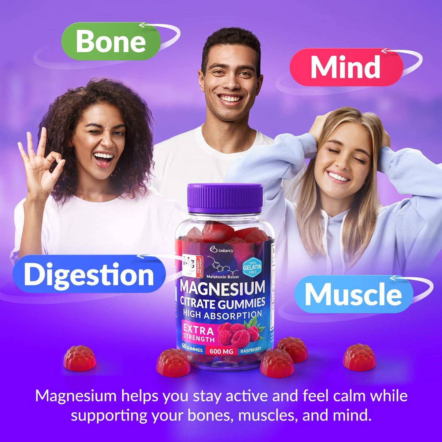 400mg Magnesium Citrate Gummies for Relaxation Sleep and Body Support Blackcurrant Oil Non GMO Sugar Free 60 Days
