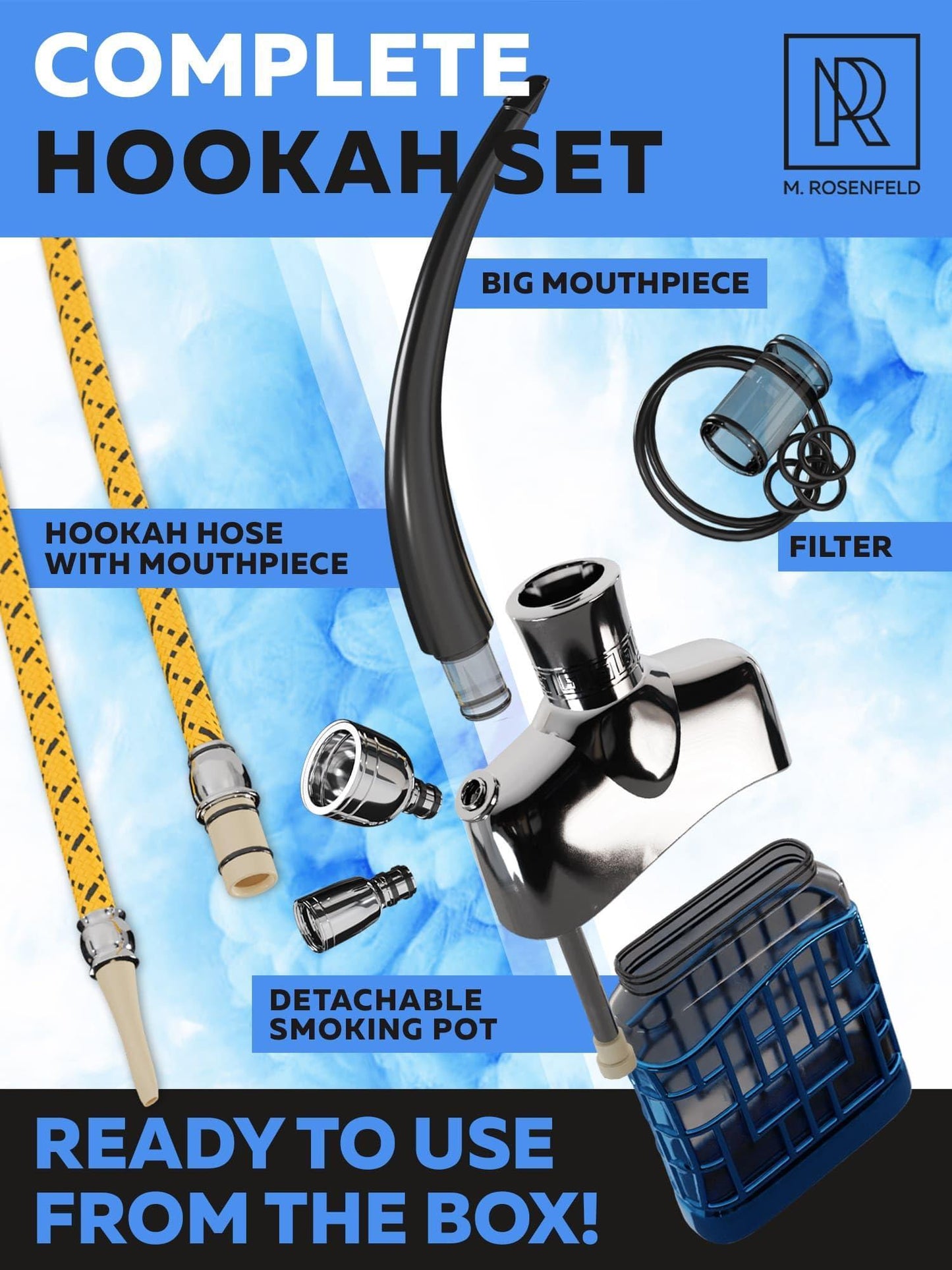 M. ROSENFELD Silver Blue Portable Hookah Set Mini Kit   Mini Hookah   Small Hookah Set For Travel (Silver Blue)