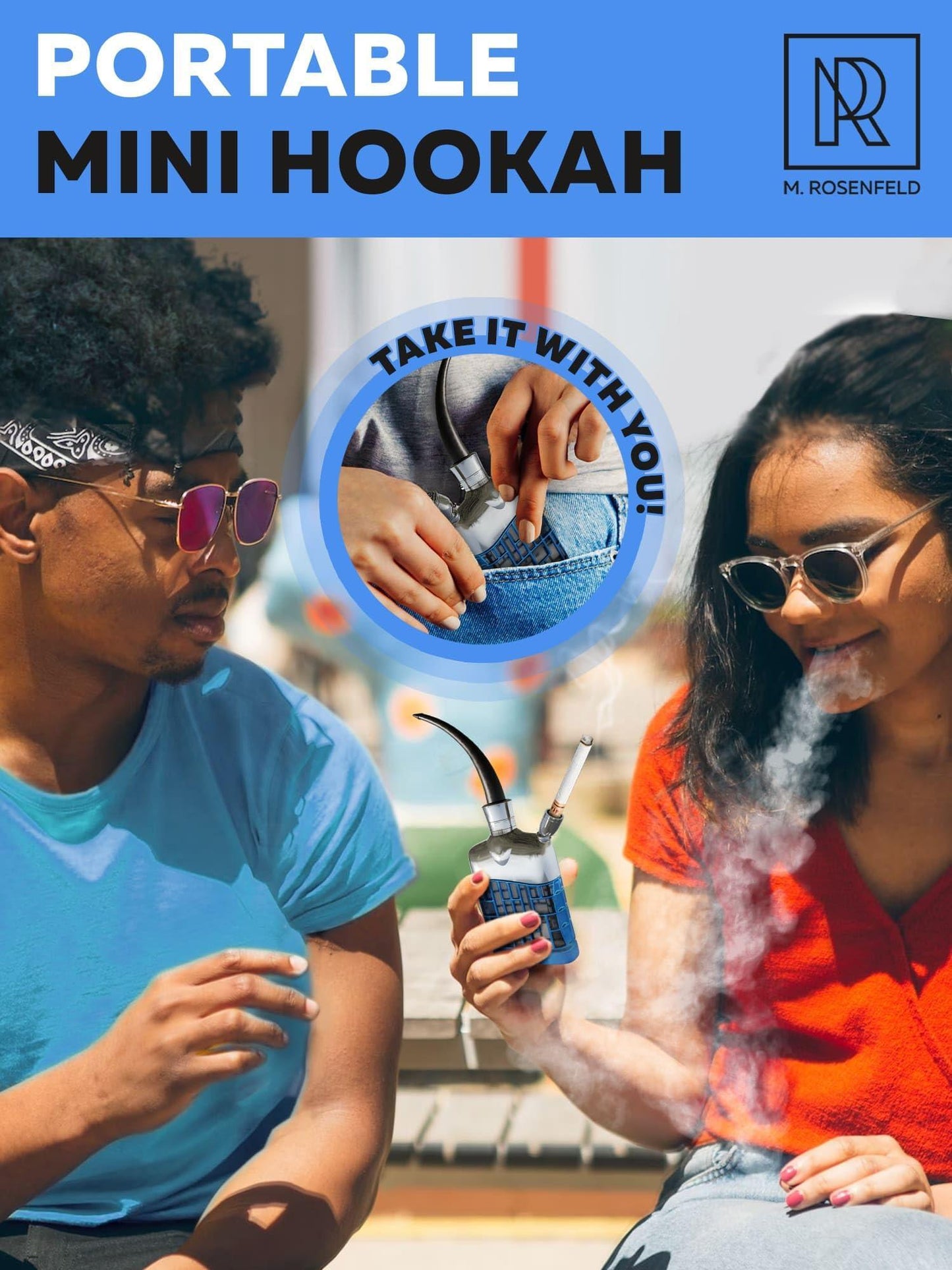 M. ROSENFELD Silver Blue Portable Hookah Set Mini Kit   Mini Hookah   Small Hookah Set For Travel (Silver Blue)