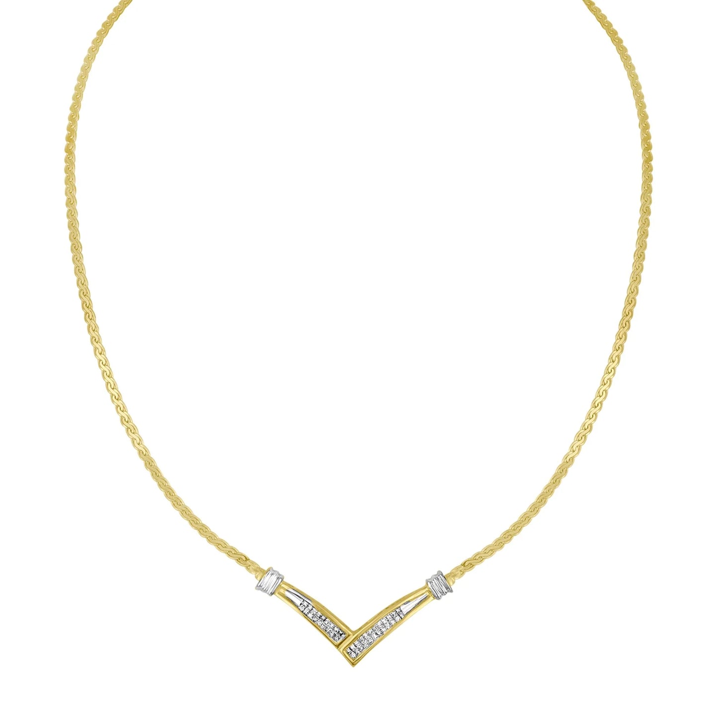 10K Yellow and White Gold 1/2 Cttw Princess Cut Diamond Channel-Set “V” Shape 18" Franco Chain Necklace (H-I Color, SI2-I1 Clarity)