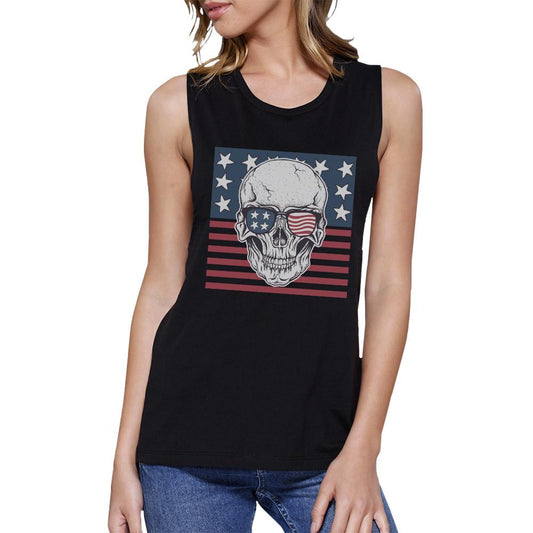 Skull American Flag Womens Black Muscle Tee Crew Neck Line Cotton