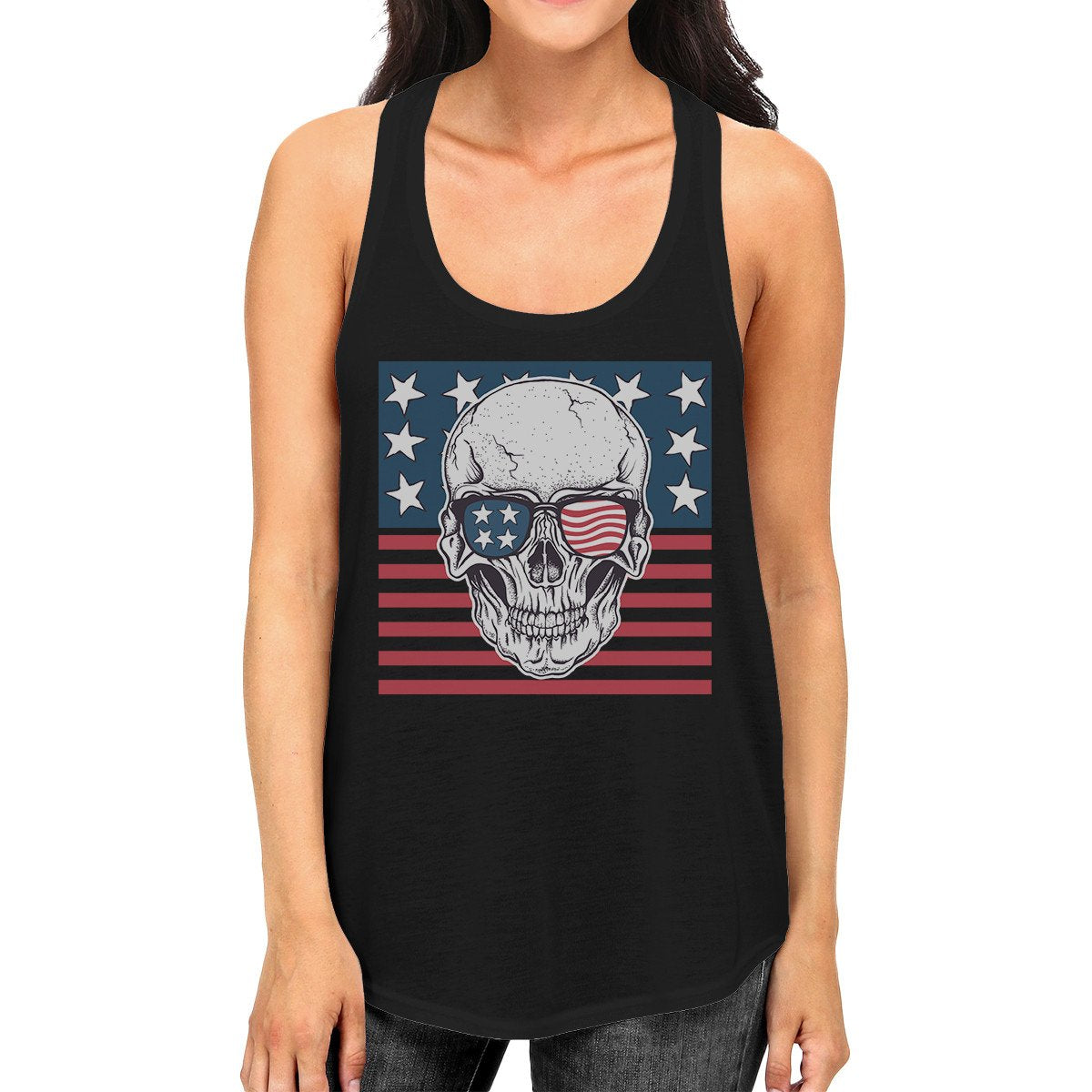 Skull American Flag Womens Black Tank Top Crewneck Line Cotton Tee