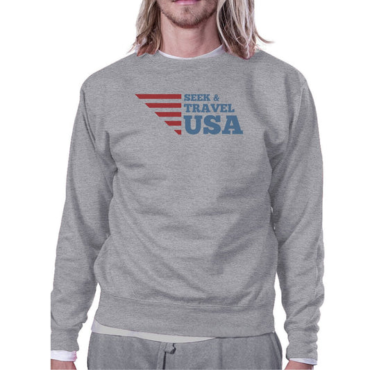 Seek & Travel USA Unisex Graphic Sweatshirt Gray Round Neck Fleece