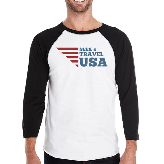 Seek & Travel USA Mens Black Baseball Tee 3/4 Sleeve Round Neck