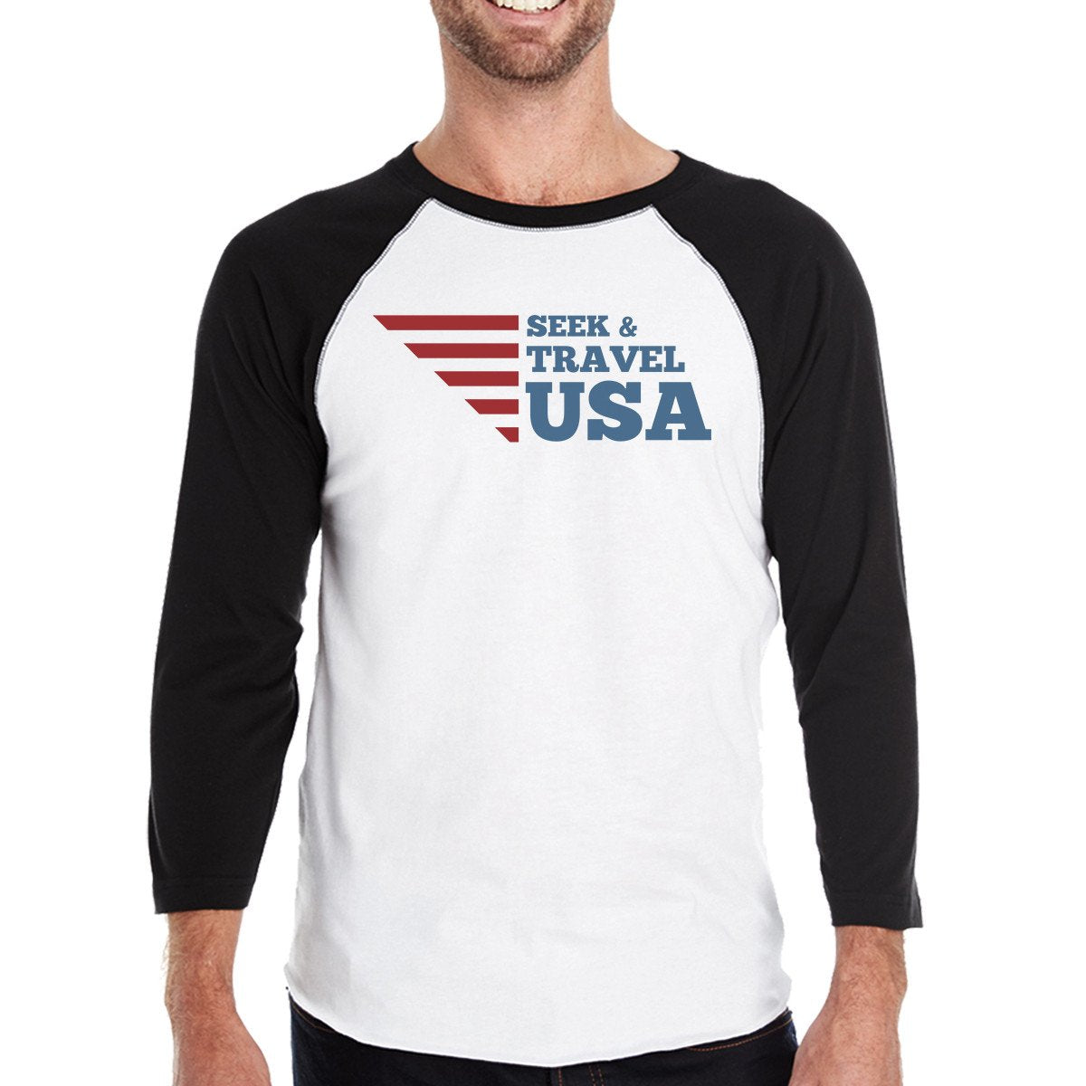 Seek & Travel USA Mens Black Baseball Tee 3/4 Sleeve Round Neck