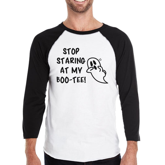 Stop Staring At My Boo-Tee Ghost Mens Black And White BaseBall Shirt