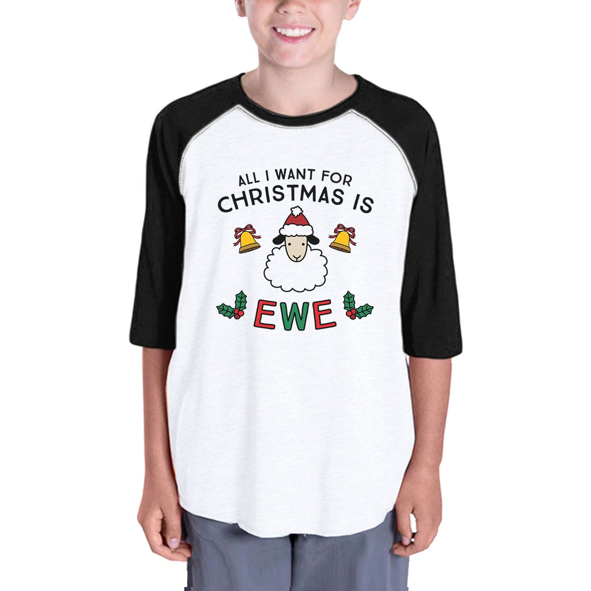 All I Want For Christmas Is Ewe Kids Black And White Baseball Shirt