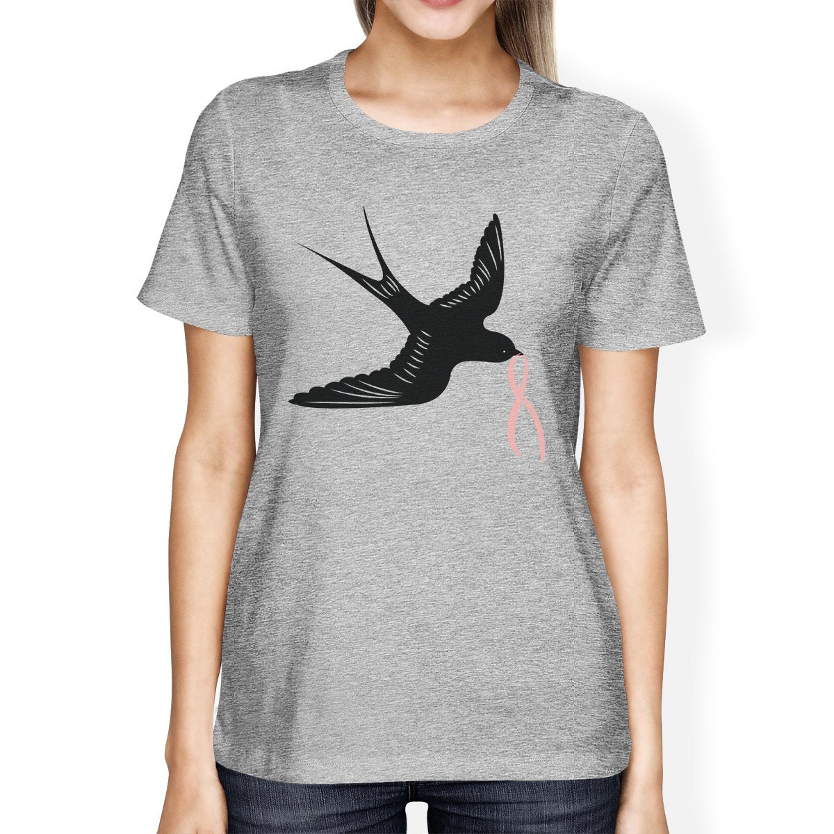 Pink Ribbon And Swallows Birds Womens Shirt
