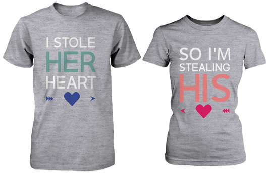 I Stole Her Heart, So I'm Stealing Heart Matching Couple Shirts in Grey (Set)