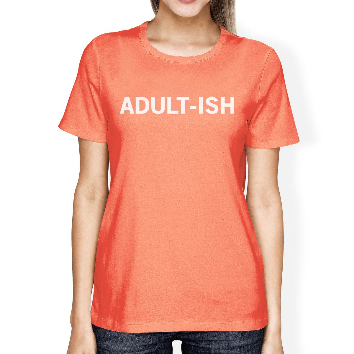 Adult-ish Woman Peach Shirt Funny Graphic Printed Short Sleeve Tee