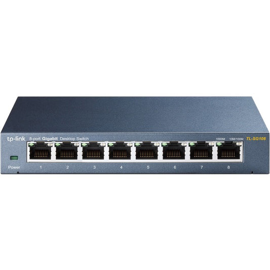TP-LINK TL-SG108 8-Port 10/100/1000Mbps Desktop Gigabit Steel Cased Switch, IEEE 802.1p QoS, Up to 72% Power Saving